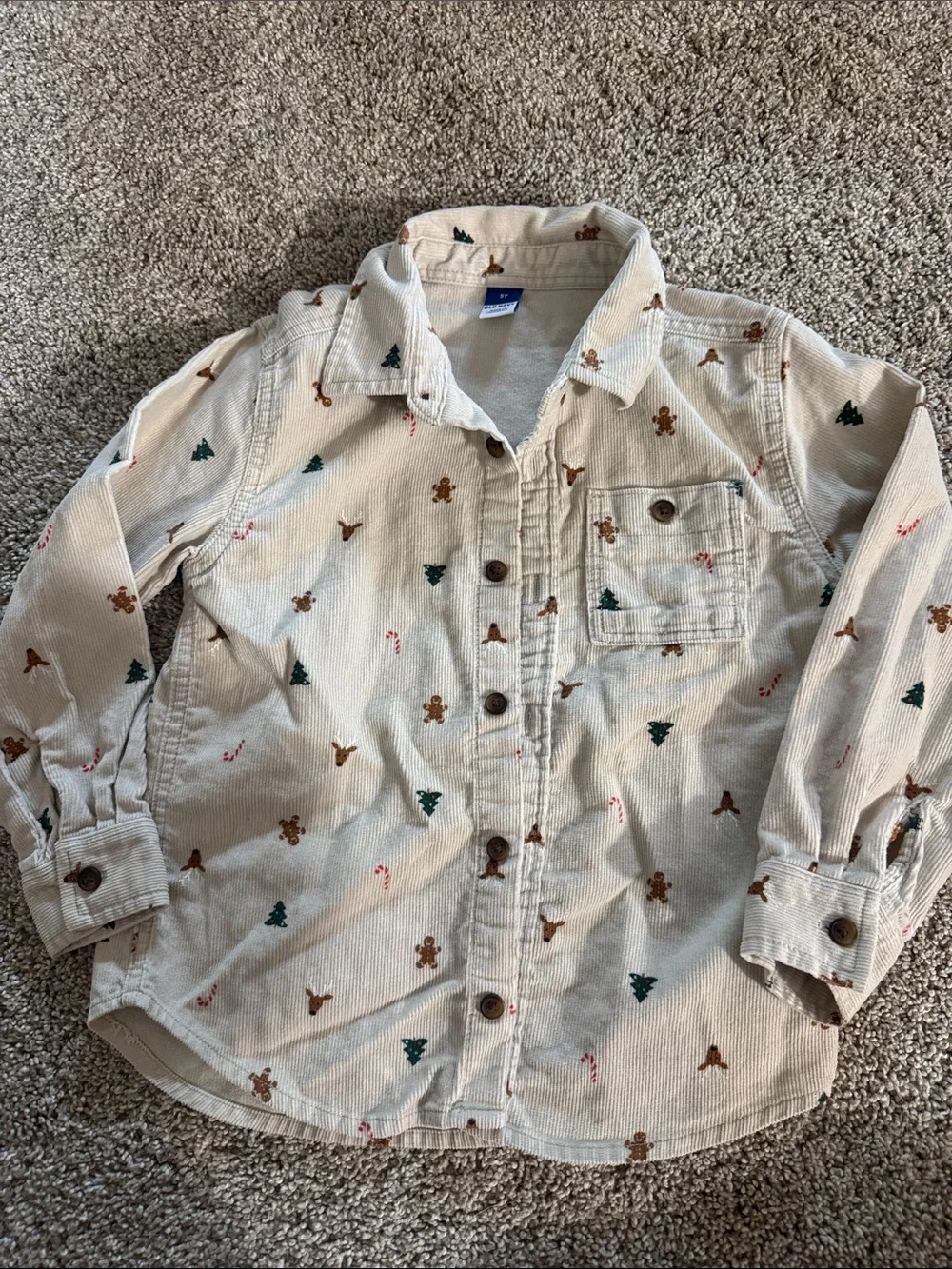 Old Navy Cream Corduroy Button-Down Shirt with Holiday Print